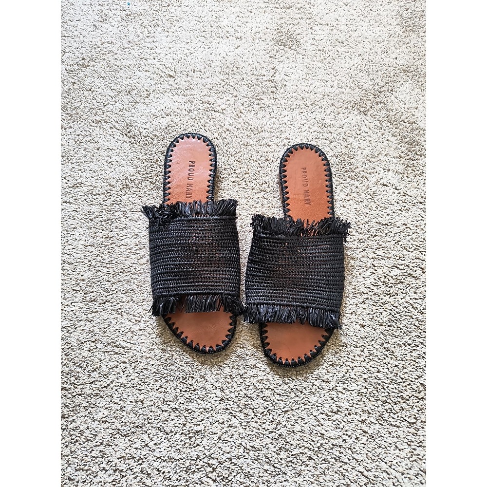 Proud Mary Womens Raffia Fringe Slip On  Sandal In Black Footwear Size 6
